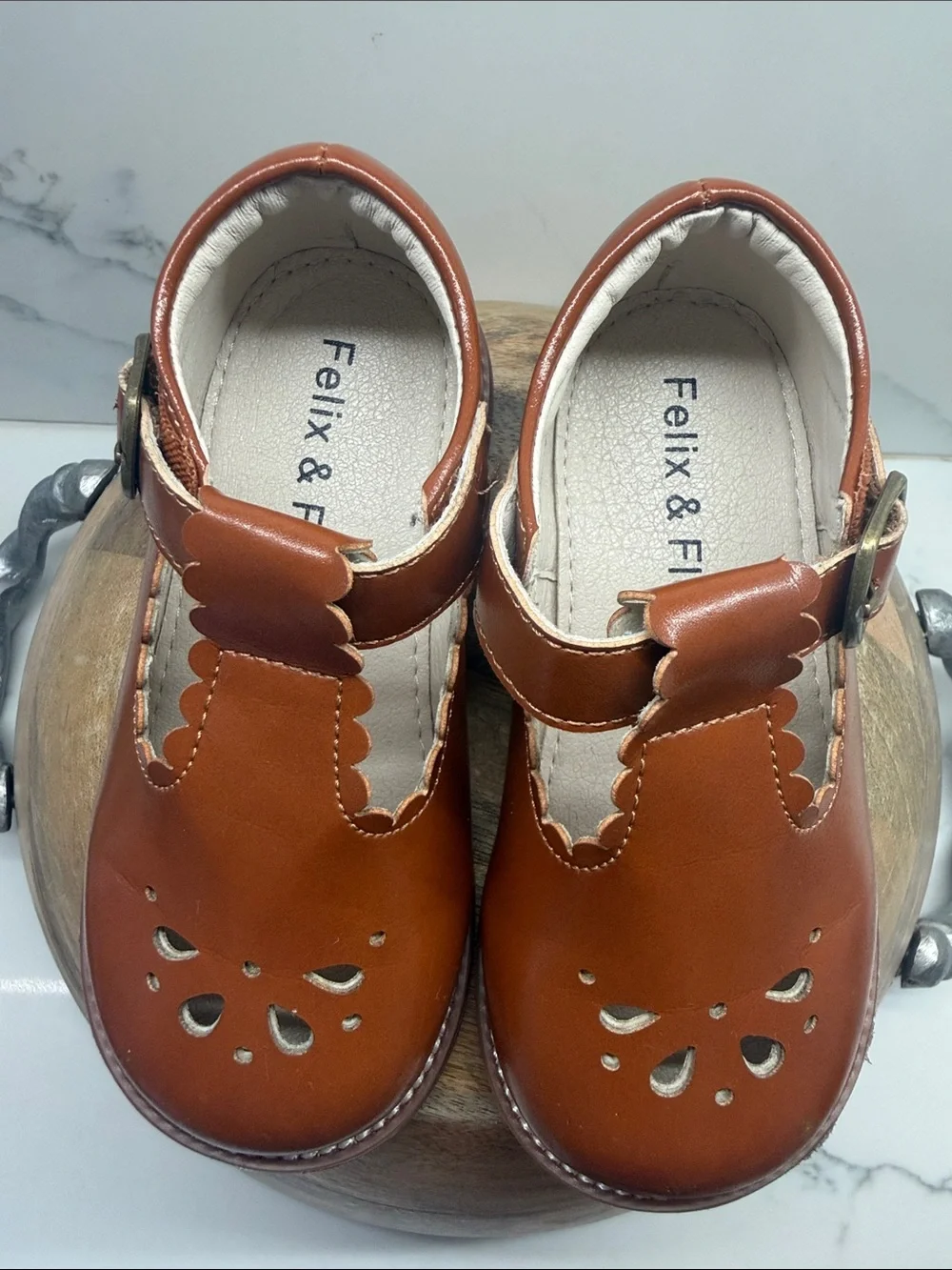 Felix & Flora Girls' Scalloped T-Strap Dress Shoes in Cognac Brown